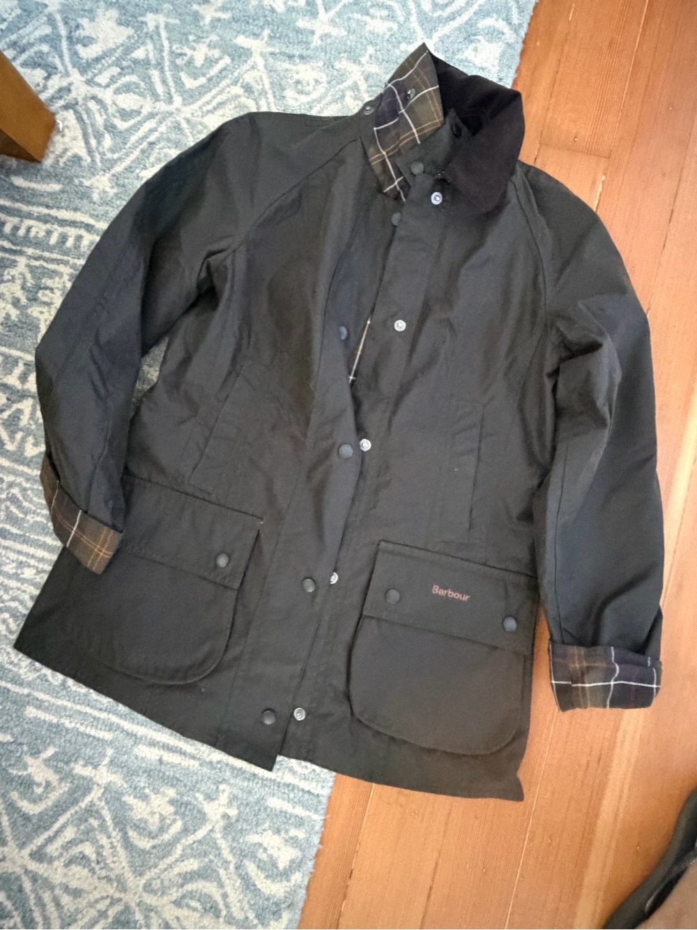 Women’s Barbour Black Waxed Field Jacket with Tartan Trim